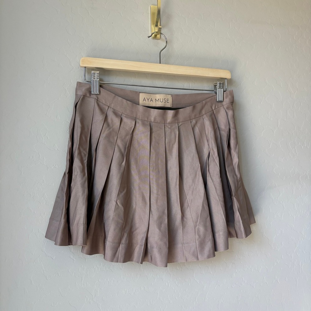 Aya Muse Opal Pleated Mini Skirt Taupe Side Zip Skirt Size Small - Picture 3 of 7